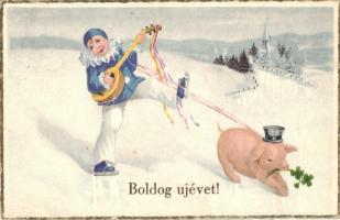 Boldog Új évet! / New Year greeting art postcard, clown ice skating with pig. S.B. 7285. litho