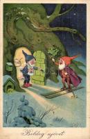 Boldog Új évet! / New Year greeting art postcard, dwarves, skiing. litho
