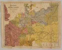 1869 Reisekarte von Mittel-Europa, Verlag von Carl Flemming, sok szakadással, celluxszal megragasztva, 52×67 cm