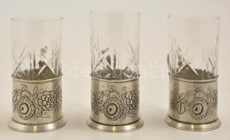 Szovjet ezüstözött fém csészetartó, csiszolt poharakkal, hibátlan, jelzett, m:7 (15 cm) (3×)