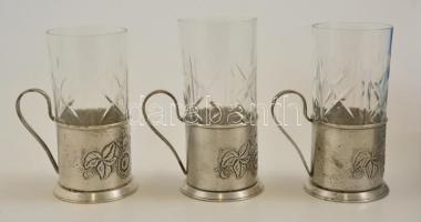 Szovjet ezüstözött fém csészetartó, csiszolt poharakkal, hibátlan, jelzett, m:7  (15 cm) (3×)