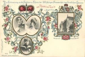1898 Regensburg, Zur Erinnerung an die Festeier zu Ehren der 150 jährigen Anwesenheit des fürstlichen Hauses von Thurn und Taxis. Füst Albert von Thurn und Taxis, Fürstin Margareta, Erbprinz Franz Jospeh. Jakob Fränkel's Offizielle Jubiläumspostkarte No. 52. Art Nouveau, floral, litho