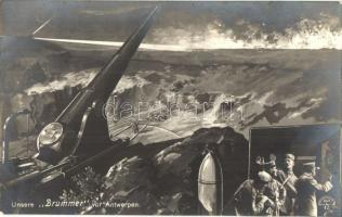 Unsere Brummer vor Antwerpen / WWI German military art postcard, cannon