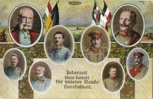 Jederzeit treu bereit für unserer Reiche Herrlichkeit / WWI K.u.k. military art postcard, Franz Joseph, Wilhelm II, Charles IV, Viribus Unitis