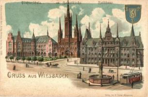 Wiesbaden, Töchterschule, Ev. Hauptkirche, Rathaus / girls school, Lutheran church, town hall, tram. Verlag v. W. Sulzer. Lith. Kunstanstalt Heinr. & Aug. Brüning litho, Emb. coat of arms