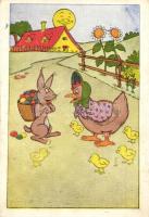 Easter art postcard with rabbit and chicken. Unsigned Walt Disney (?)