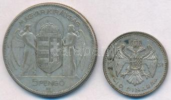 Vegyes: 1930. 5P Ag "Horthy jobbra" + Jugoszlávia 1931. 10D Ag "I. Sándor" T:2-,...