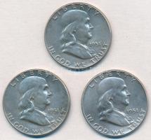 Amerikai Egyesült Államok 1951. 1/2$ Ag Franklin (3x) T:2 USA 1951. 1/2 Dollar Ag Franklin (3x) C:XF