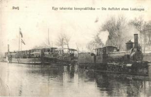 Dálya, Dalja, Dalj; Gőzkomp Gombos és Erdőd között a szabad Dunán. / Dampffähre zwischen Gombos-Erdőd auf der Donau, die Auffahrt eines Lastzuges / steam ferry with freight train between Bogojevo and Erdut on the Danube, locomotive (EK)