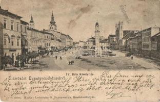 1904 Besztercebánya, Banská Bystrica; IV. Béla király tér, Gyógyszertár, üzletek, templom. Kiadja Lechnitzky O. 176. sz. / square, pharmacy, shops, church (fl)