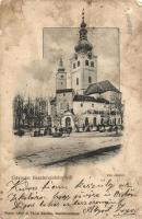 1904 Besztercebánya, Banská Bystrica; Vár részlet, Strelinger Samu üzlete, piaci árusok. Kiadja Walter Adolf és Társai / castle, shop, market vendors (fa)