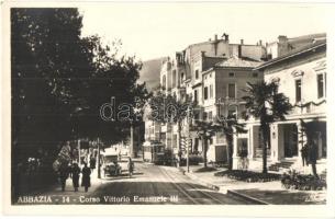 Abbazia, Opatija; Corso Vittorio Emanuele III. Ed. A. Traldi / street view with automobile, tram, villa