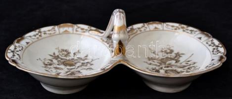 Dupla kínálótál, jelzés nélkül, kézzel festett, kopott, 32×23 cm, m:12 cm