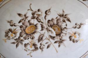 Dupla kínálótál, jelzés nélkül, kézzel festett, kopott, 32×23 cm, m:12 cm