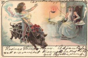 1900 Boldog Új évet! / New Year greeting art postcard, Angel on wild boar. humour litho