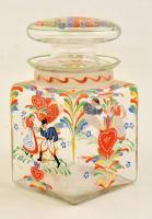 Népies motívumokkal díszített zománcfestett fűszertartó üveg, kis csorbákkal, m: 18,5 cm
