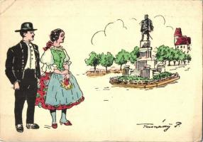 Zombor, Sombor; Schweidl szobor, a vidék népviselete / statue, folklore, irredenta art postcard s: Tusnády (képeslapfüzetből / from postcard booklet)