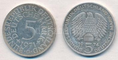 NSZK 1971G 5M Ag + 1974F 5M Ag "25 éves az Alkotmány" T:1-,2
FRG 1971G 5 Mark Ag + 1974F ...