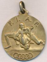 1938. F.I.A.P. / Olaszország-Magyarország - Budapest 17. április 5. jelzett, aranyozott Ag birkózó érem füllel (18,37g/0.800/38mm) T:1-,2  Italy / Firenze 1938. F.I.A.P. / Italy - Hungary Budapest - 5th March 17 hallmarked, gilt Ag wrestler medal with ear (18,37g/0.800/38mm) C:AU,XF