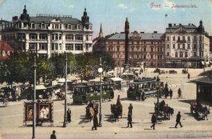 Graz, Jakominiplatz, Englisches Haus. Verlag Ludwig Strohschneider / square, trams with Törley sparkling wine advertisement, market vendors (EK)