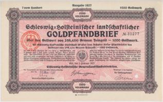 Németország / Weimari Köztársaság / Kiel 1927. Schleswig-Holsteinischer Landschaftlicher Goldpfandbrief arany kötvény 1000 aranymárkáról, bélyegzéssel, lyukasztással érvénytelenítve T:I,I- Germany / Weimar Republic / Kiel 1927. Schleswig-Holsteinischer Landschaftlicher Goldpfandbrief gold loan about 1000 Goldmark, with stamp, invalidated by hole C:UNC,AU