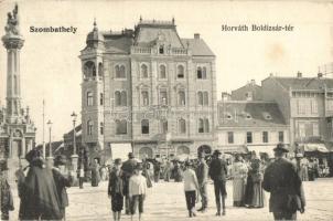 1906 Szombathely, Horváth Boldizsár tér, piaci árusok, drogéria (gyógyszertár), Rechnitzer Jakab üzlete, Szentháromság szobor (apró szakadás / tiny tear)