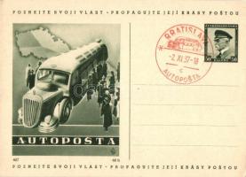 Autoposta. Poznejte Svoji Vlast - Propagujte Jeji Krasy Postou / Czechoslovakian post automobile + 1937 BRATISLAVA AUTOPOSTA cancellation