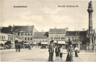 1906 Szombathely, Horváth Boldizsár tér, Krausz Adolf, Götzl József üzlete, Szentháromság szobor, piaci árusok (EK)