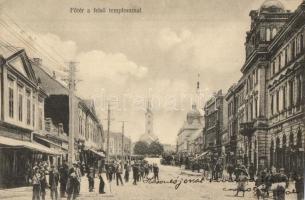 1910 Nagykanizsa, Fő tér a felső templommal, üzletek, kerékpár, Alt és Böhm üzlete és saját kiadása