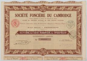 Francia Indokína / Kambodzsa / Phnom-Penh ~1920-1930. Société Fonciere de Cambodge részvény 100Fr-ról, bélyegzésekkel és szelvényekkel T:II- French Indochina / Cambodia / Phnom-Penh ~1920-1930. Société Fonciere de Cambodge share about 100 Francs, with stamps and coupons C:VF