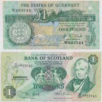 Skócia 1984. 1Ł + Guernsey 1992- 1Ł D. M. Clarke aláírásával T:III Scotland 1984. 1 Pound + Guernsey 1992- with D. M. Clarke signature C:f
