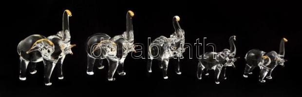 Aranyozott üveg elefántok, 5 db, hibátlanok, 5,5 és 9 cm között
