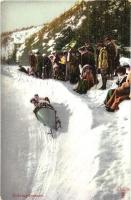Boblsleighrennen / Winter sport, controllable bobsleigh. Apotheker Richard Brandt advertisement on the backside. Raphael Tuck & Sons Oilette Serie Wintersport in den Alpen No. 243.