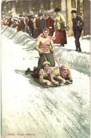 Poste Romaine. Edition Photglob / Winter sport, woman sledding on two men