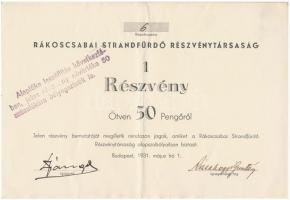 Budapest 1931. Rákoscsabai Strandfürdő Részvénytársaság részvény 50P-ről T:II
