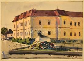 Hessky Iván (1890-1950): Tata I. világháborús emlékmű. Akvarell, papír, jelzett, paszpartuban, 27×38 cm