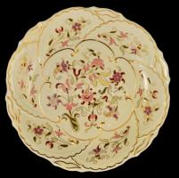 Zsolnay virágmintás porcelán tál, kézzel festett, jelzett, hibátlan, d: 30 cm