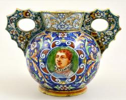 XIX. sz: Olasz füles díszváza, kézzel festett mázas cserép, jelzett, apró lepattanásokkal, / 19th ce...