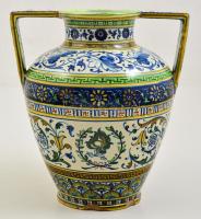 XIX. sz: Olasz füles díszváza, kézzel festett, lepattanásokkal, / Italian hand painted vase with slight faults m: 24 cm