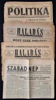 1945-1947 Vegyes újság tétel, 5 db: 1945. május 2. Szabad Nép, hiánnyal. Haladás 2 száma, 1947. január 30, július. 31, szakadozottak. Politika, 1947. augusztus 30., szeptember 13. Változó állapotban, az egyik hiányos, kettő szakadozott.