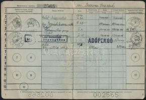 1946 Bp., M. Kir. Postatakarékpénztár betétkönyve, adópengő-betét bélyegzéssel a borítón