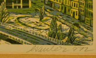 Csavlek András (1942- ): A Budai Vár télen. Színes linó, papír, jelzett, paszpartuban, 27×55 cm