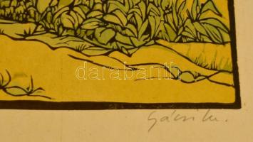 Gácsi Mihály (1926-1987): Füzes. Színezett linó, papír, jelzett, üvegezett keretben, 32×42 cm