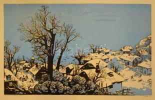 Török Endre (1926-1980): Behavazott falu. Színes linó, papír, jelzett, 29×46 cm