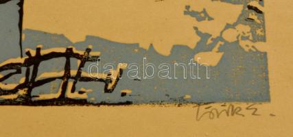 Török Endre (1926-1980): Behavazott falu. Színes linó, papír, jelzett, 29×46 cm