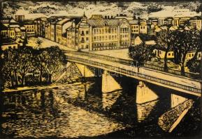 Mészáros Lajos (1925-1971): Zagyva híd. Linó, papír, jelzett, üvegezett keretben, 27×39 cm