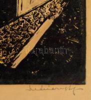 Mészáros Lajos (1925-1971): Zagyva híd. Linó, papír, jelzett, üvegezett keretben, 27×39 cm