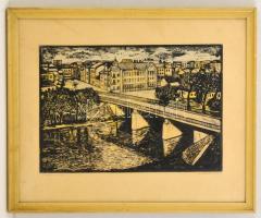 Mészáros Lajos (1925-1971): Zagyva híd. Linó, papír, jelzett, üvegezett keretben, 27×39 cm