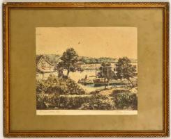 Olvashatatlan jelzéssel: Dunapentelei táj. Színezett rézkarc, papír, jelzett, üvegezett keretben, 26...