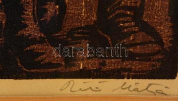 Réti Mátyás (1922-2002): Beszélgetők. Színes linó, papír, jelzett, üvegezett keretben, 27×37 cm